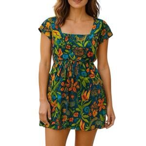 Shoshanna Tropical Floral Silk Mini Dress Blue & Green Size 8